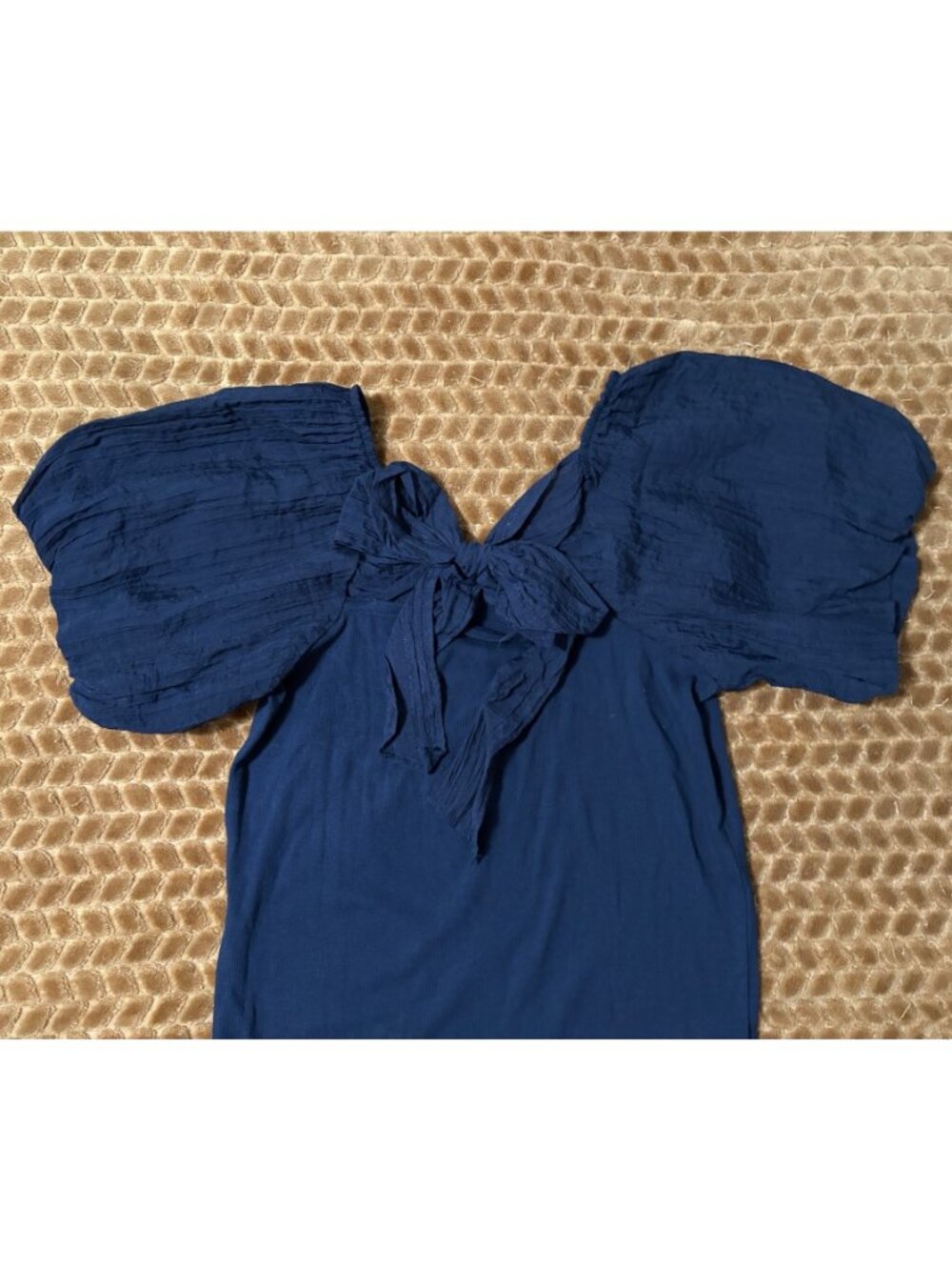 NWT New Loft Navy Crinkle Seersucker Puff-Sleeve Top Bow Back Cotton Stretch L - Picture 5 of 13